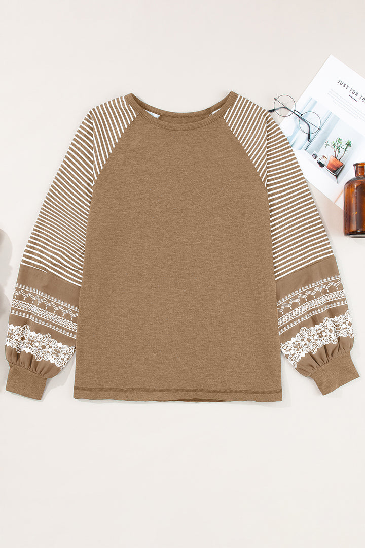 Navy Blue Contrast Print Striped Raglan Long Sleeve Loose Top