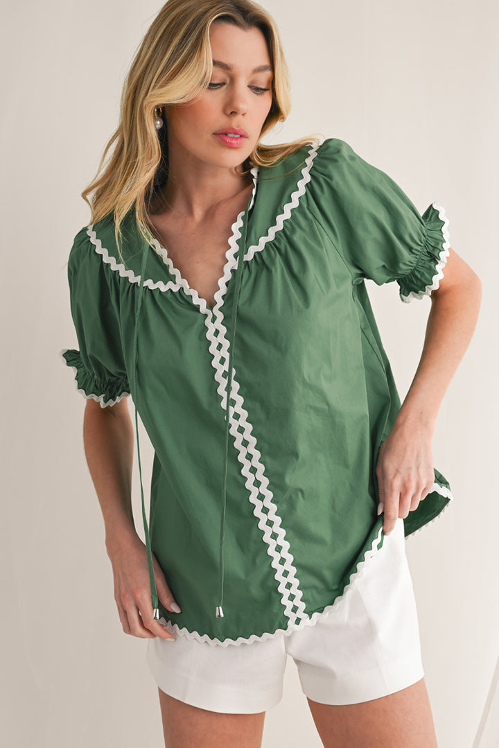 Mist Green V Neck Tie Detail Ricrac Blouse