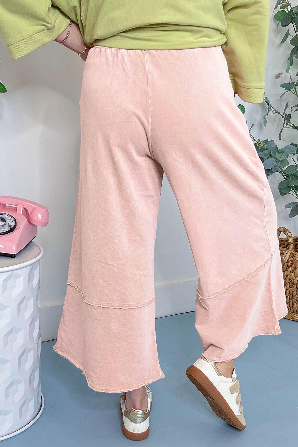 Pink Flower Patch Mineral Washed Cropped Wide Leg Pants - Lulubelles Clothing and Accessories