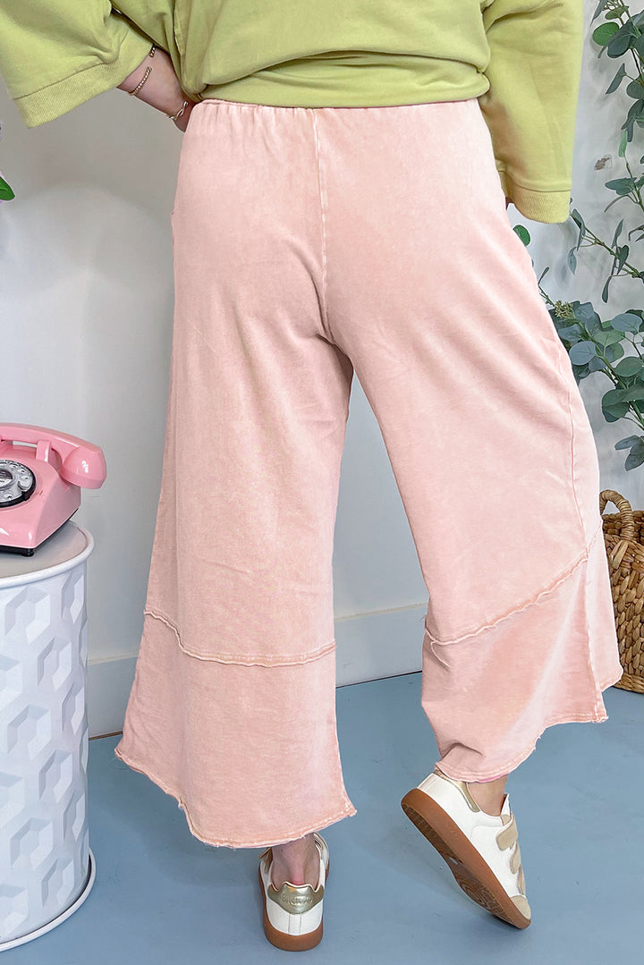 Pink Flower Patch Mineral Washed Cropped Wide Leg Pants - Lulubelles Clothing and Accessories