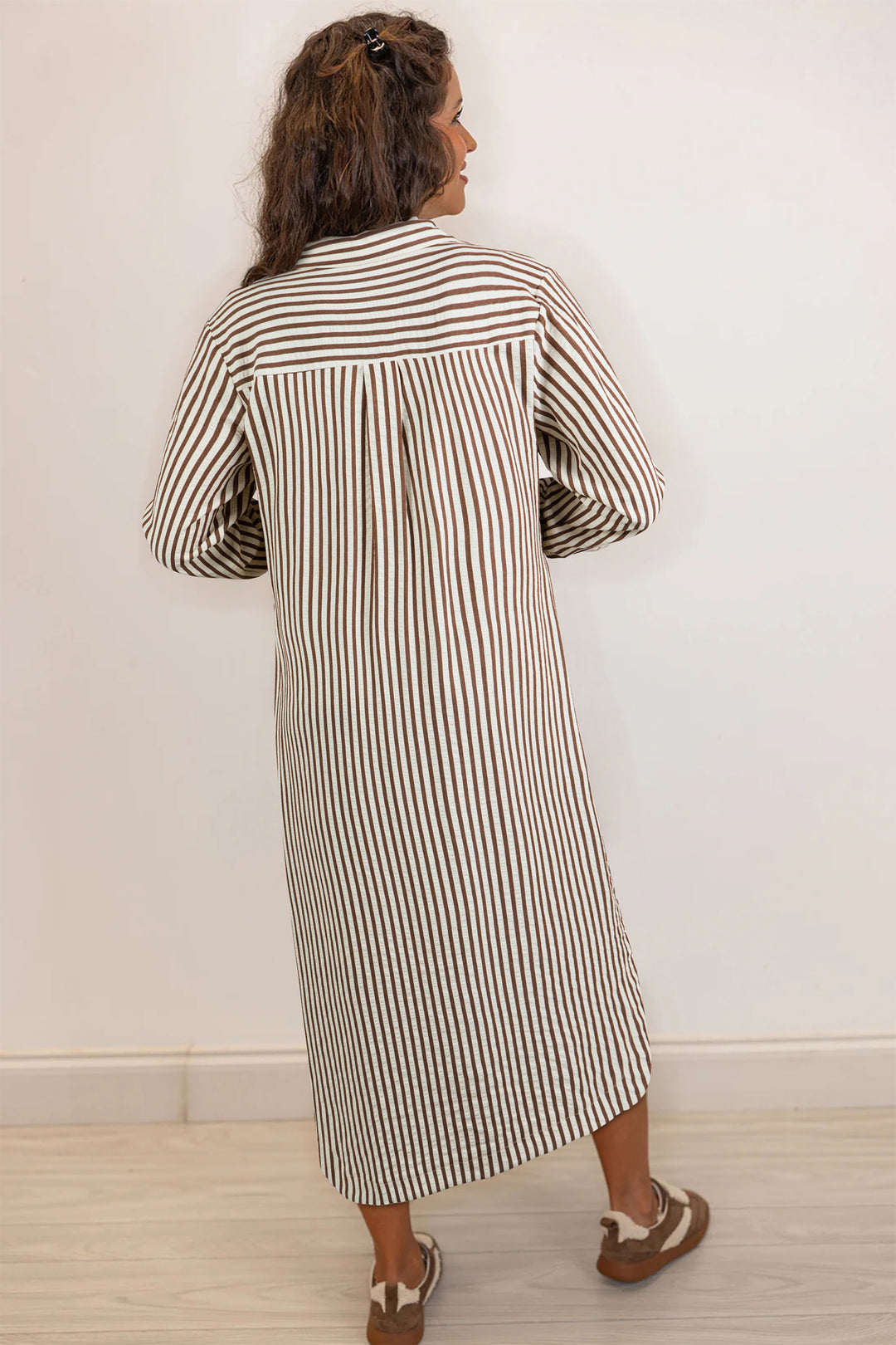 Brown Stripe Textured 3/4 Sleeve Round Hem Split Midi Shirt Dress - Lulubelles Clothing and Accessories
