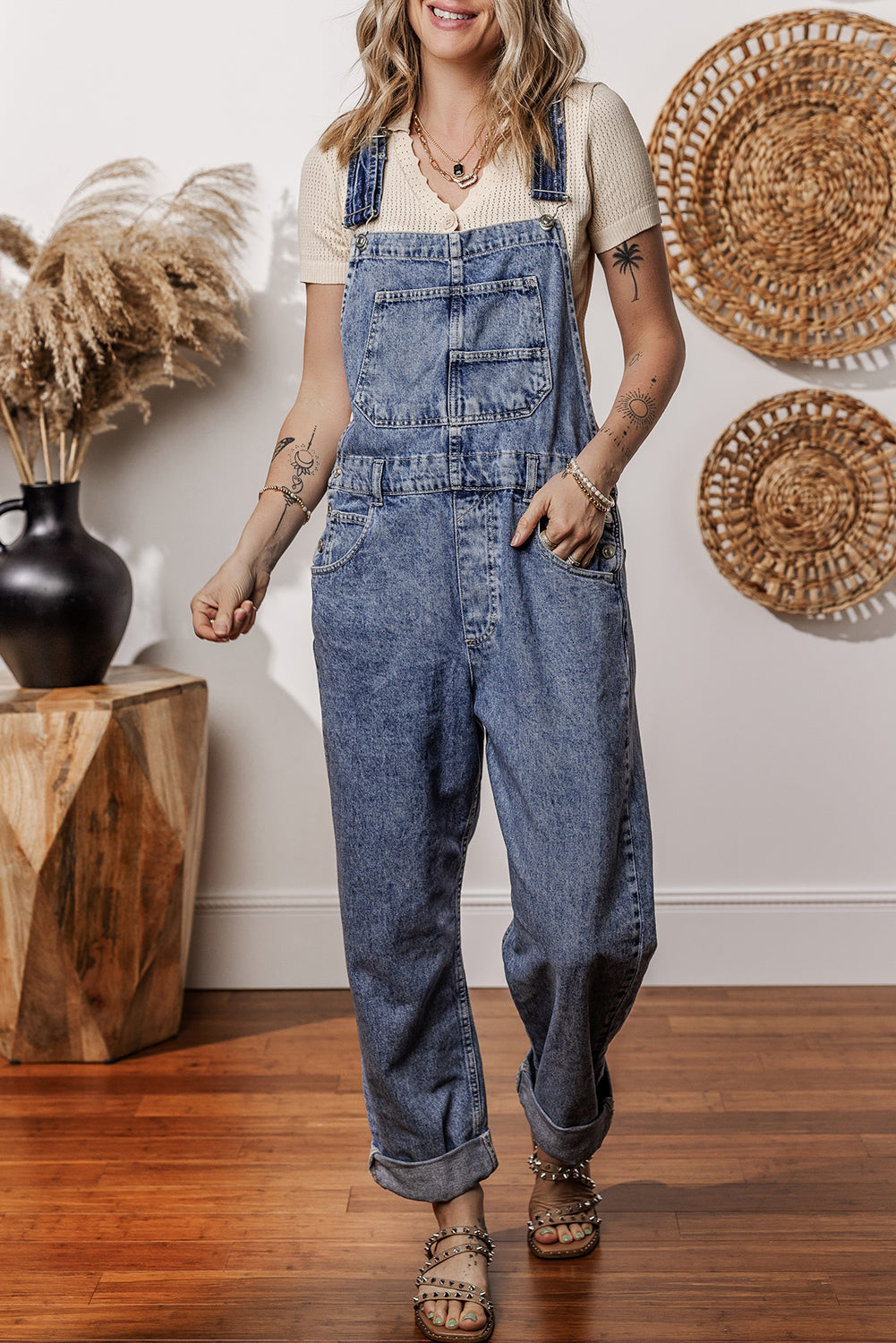 Sail Blue Denim Bib Straight Leg Jumpsuit with Pockets - Lulubelles Clothing and Accessories