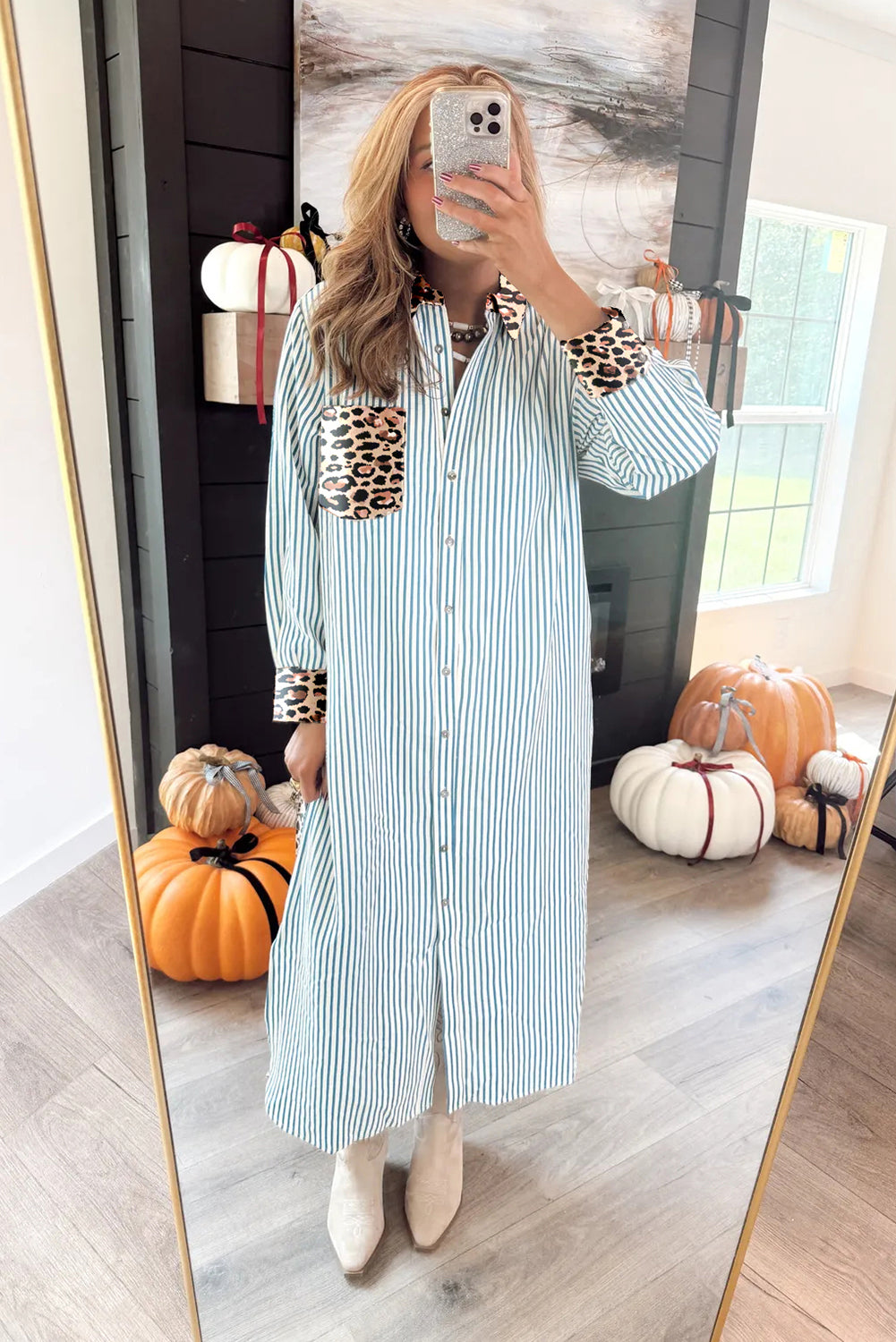 Sky Blue Stripe Contrast Leopard Patchwork Long Shirt Dress with Slits - Lulubelles Clothing and Accessories