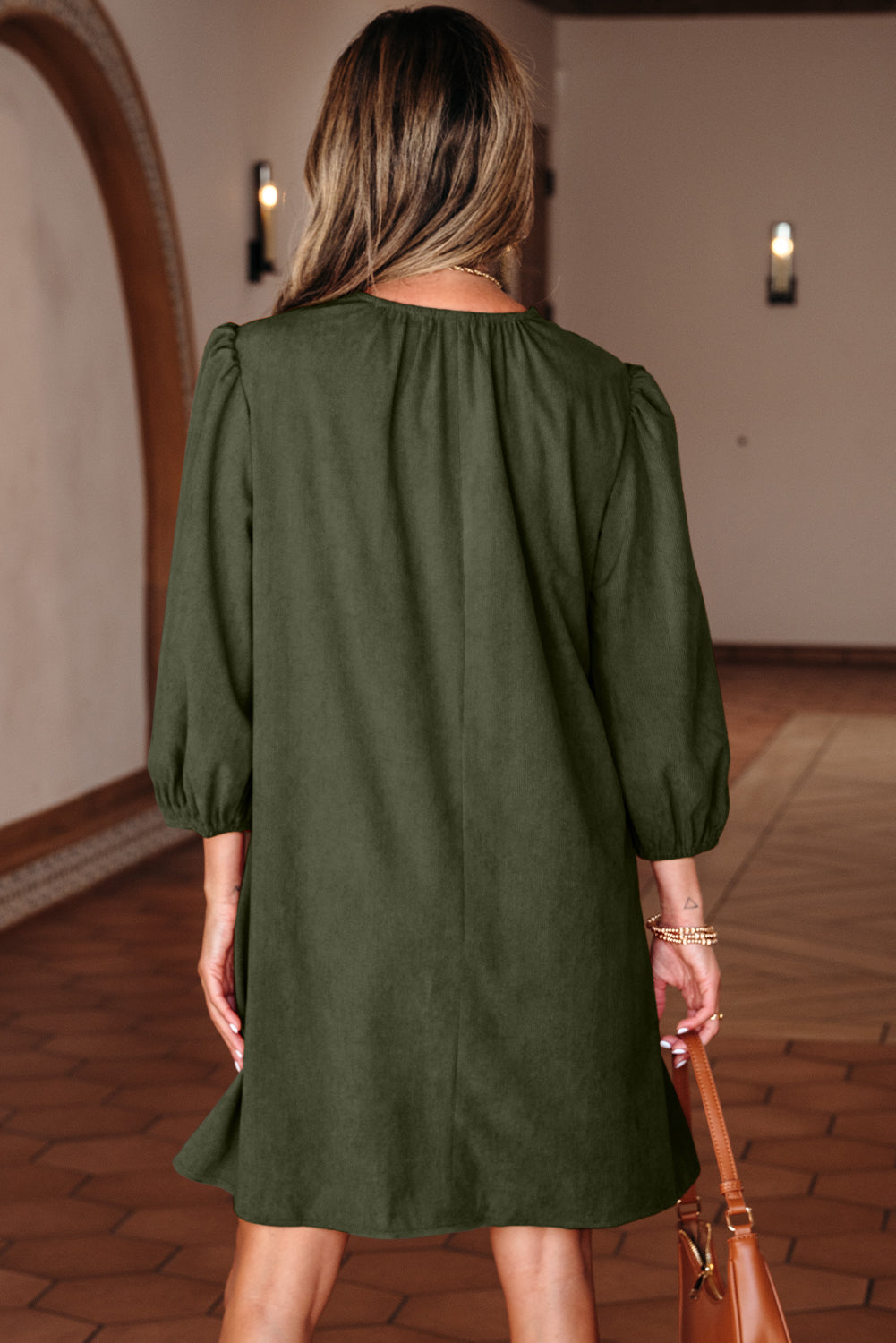 Moss Green Bracelet Sleeve Split Neck Scallop Detail Pleated Corduroy Mini Dress - Lulubelles Clothing and Accessories