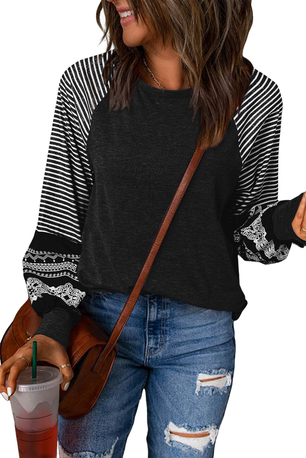 Navy Blue Contrast Print Striped Raglan Long Sleeve Loose Top