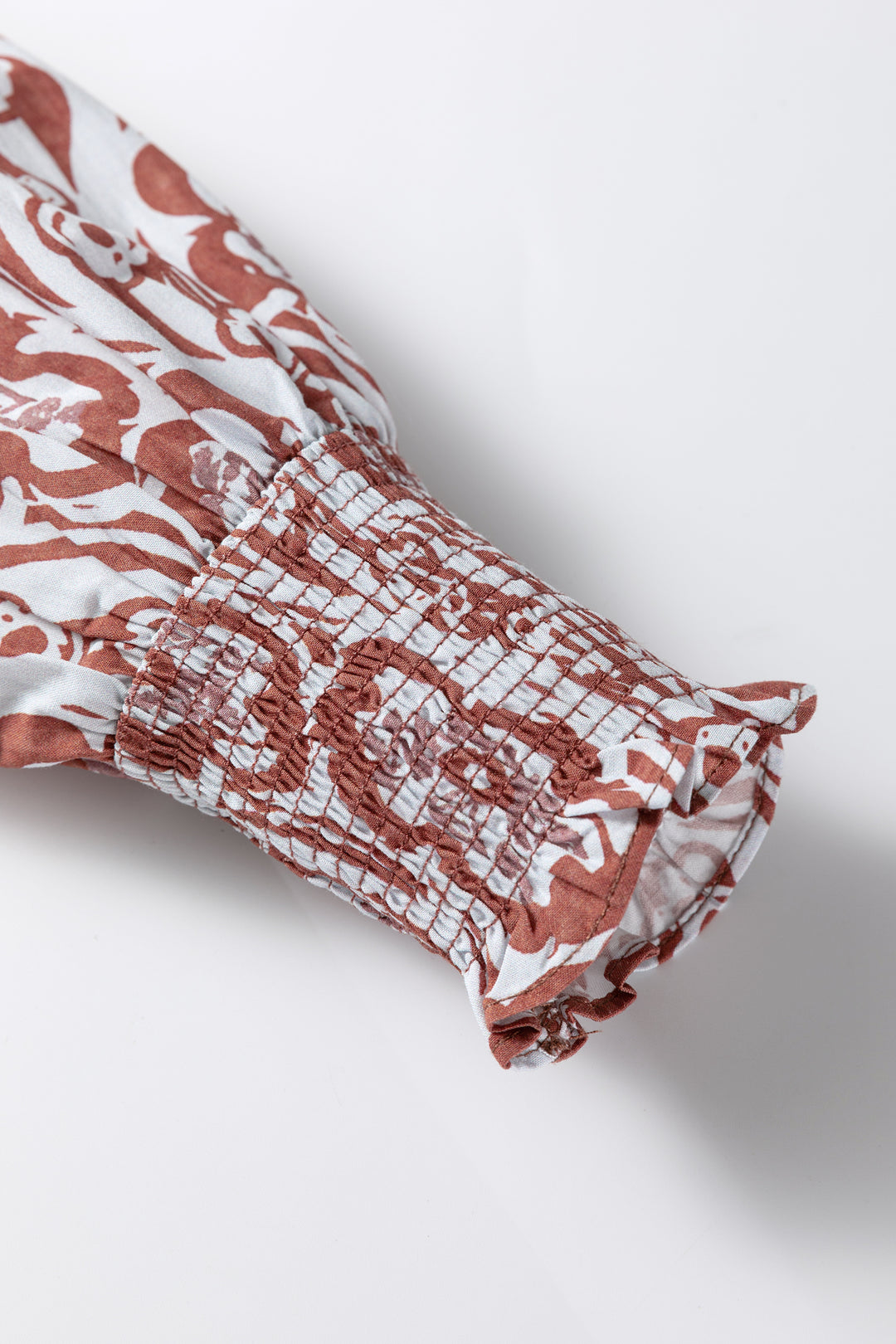 Floral Print Frilled Striped Trim Button Down Smocked Cuffs Long Sleeve Shirt