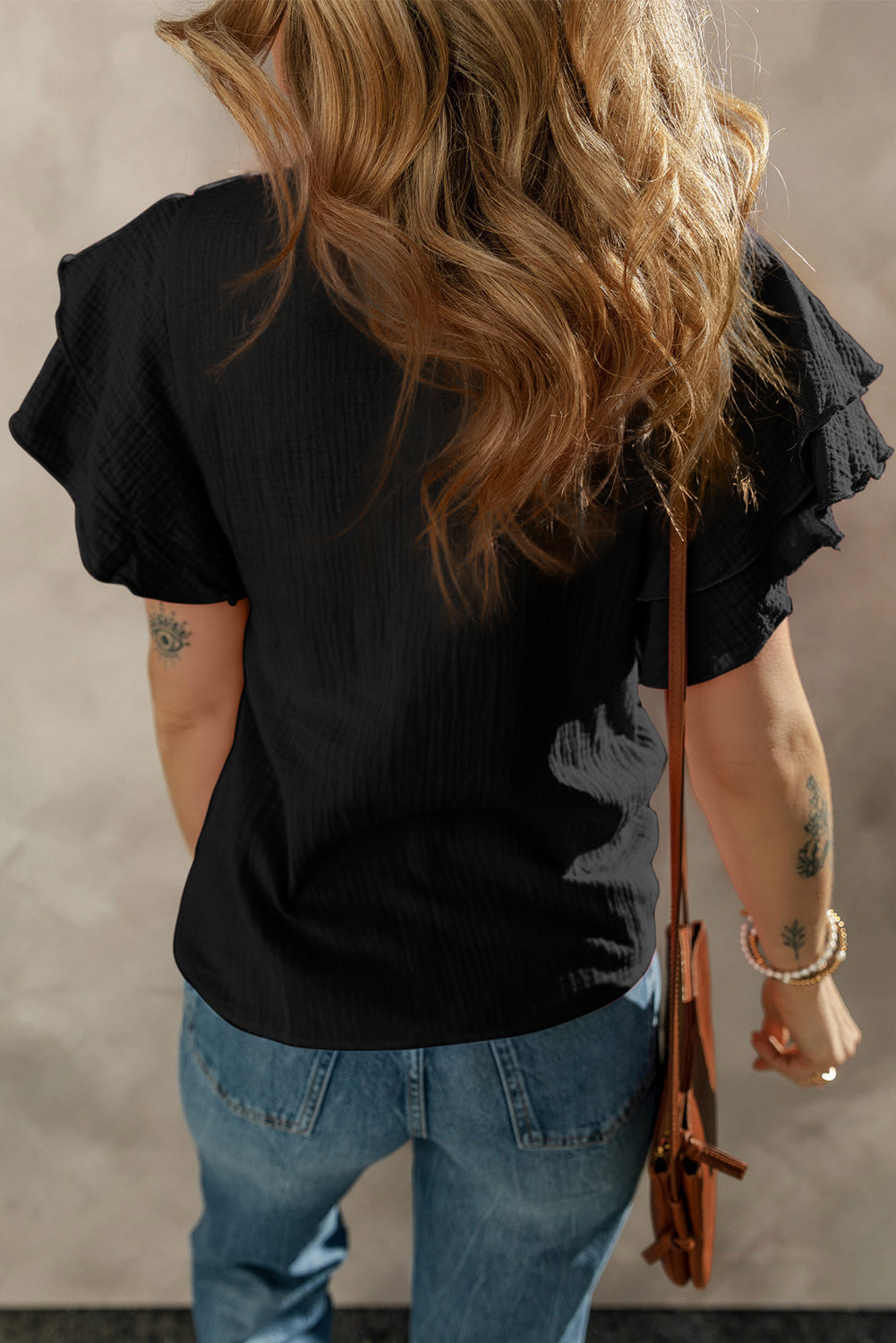 Black Crinkled Cotton Gauze Ruffle Sleeve Blouse