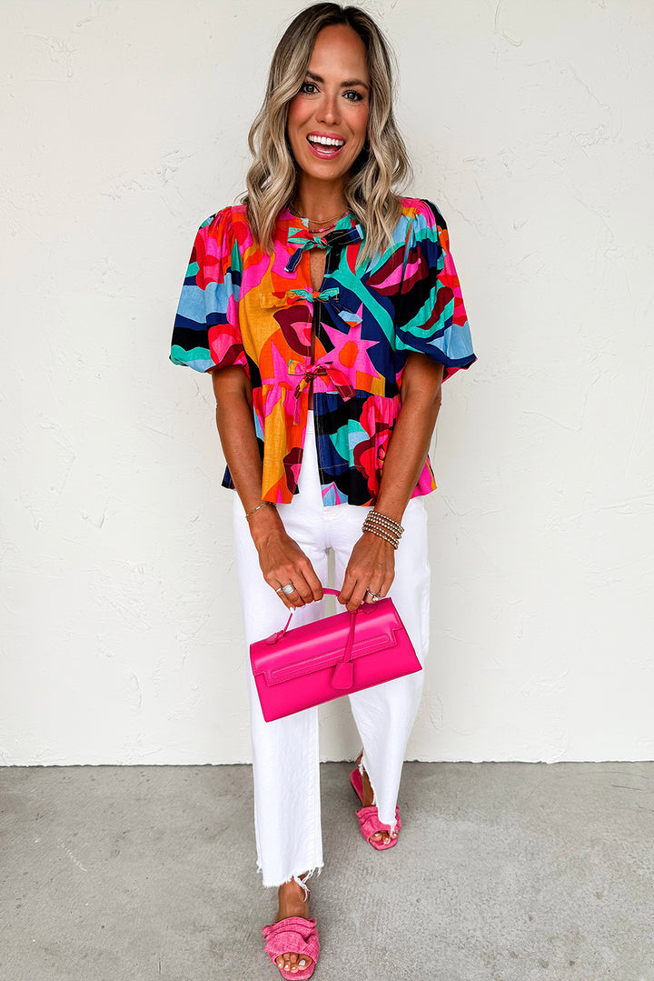 Red Abstract Print Tie Front Puff Sleeve Babydoll Blouse
