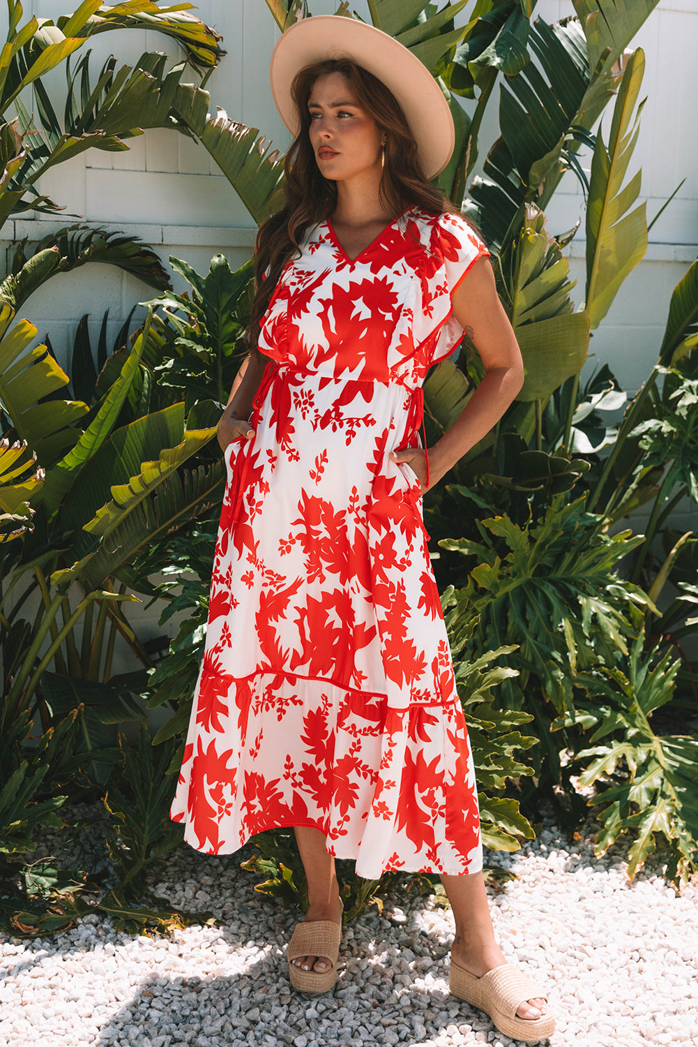 Red Floral Print Trimmed V Neck Ruffle Sleeve Long Dress - Lulubelles Clothing and Accessories