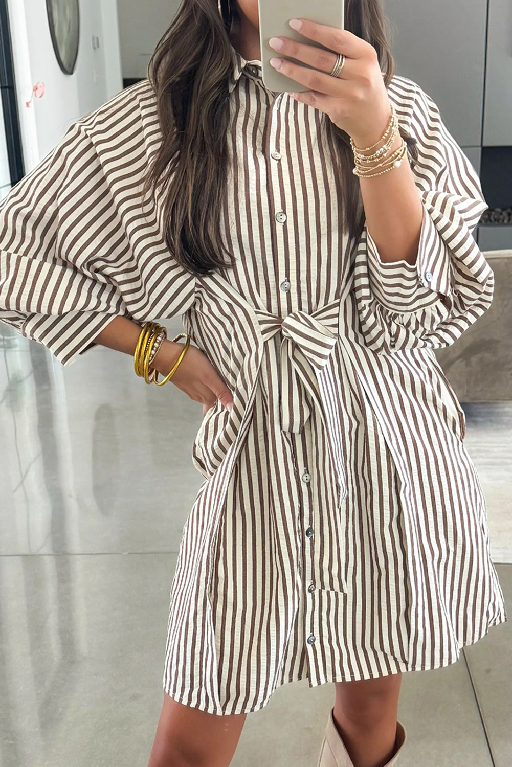 Brown Stripe Knot Waist Puff Sleeve Button Down Mini Shirt Dress - Lulubelles Clothing and Accessories