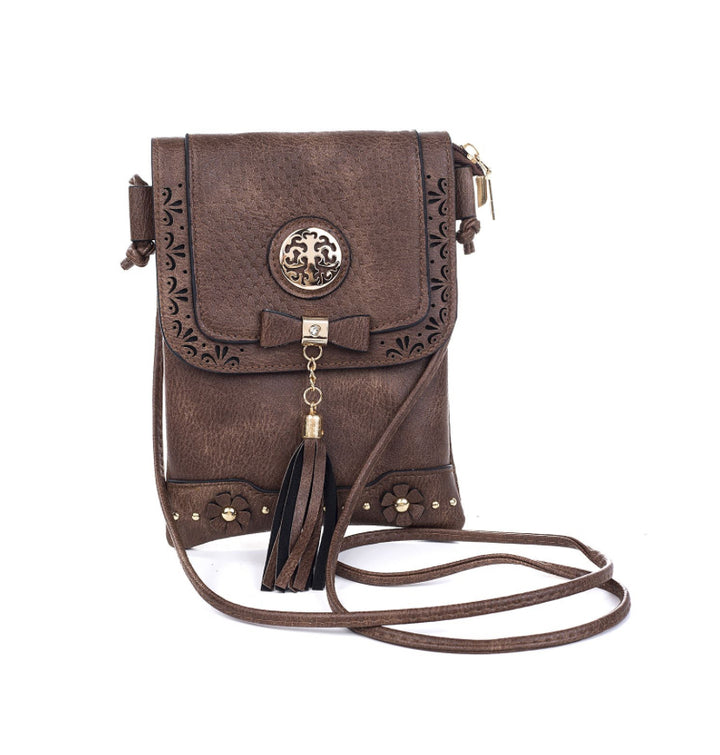 Dark Brown silver buckle Engraved vertical clutch shoulder Bag with strap