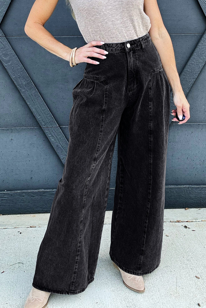 Dark Grey Pleated Wide Leg Mineral Wash Jeans