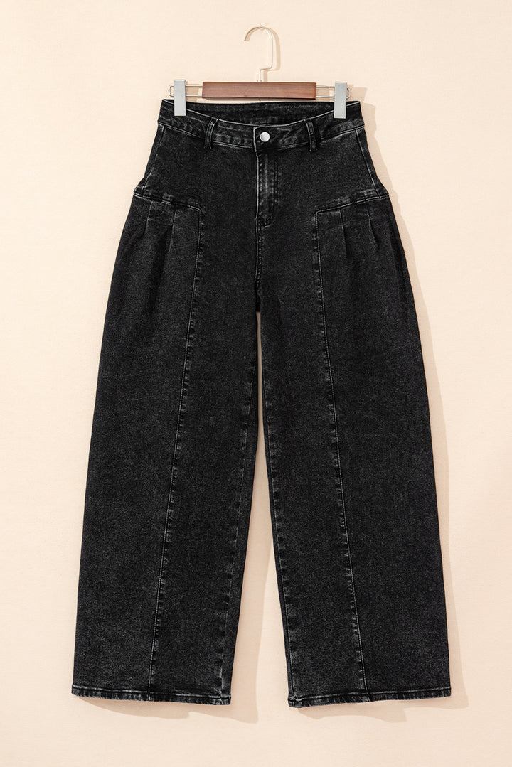 Dark Grey Pleated Wide Leg Mineral Wash Jeans