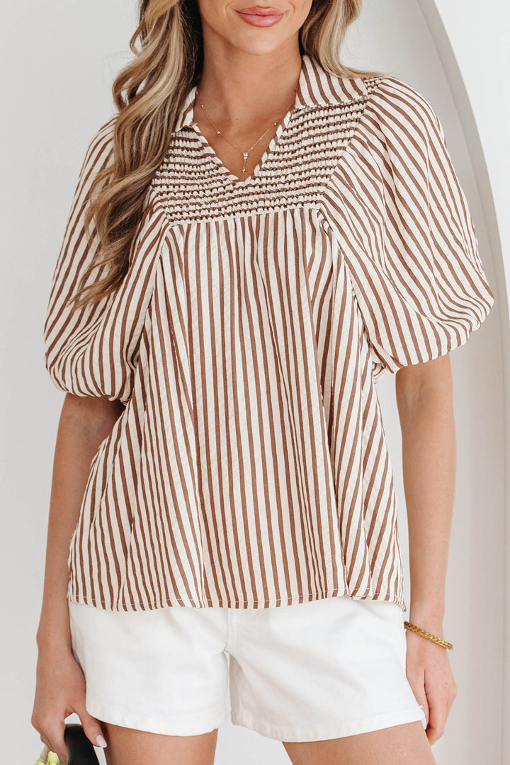 Brown Stripe Shirred V Neck Short Puff Sleeve Blouse - Lulubelles Clothing and Accessories
