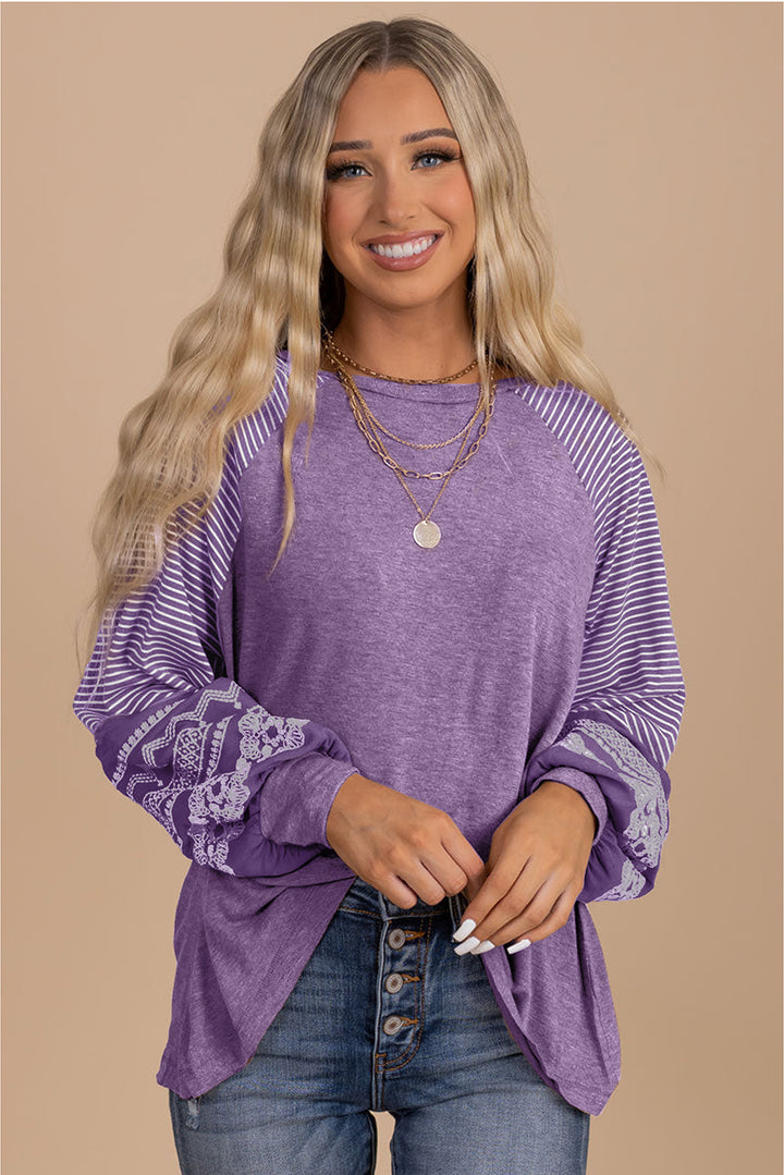 Navy Blue Contrast Print Striped Raglan Long Sleeve Loose Top