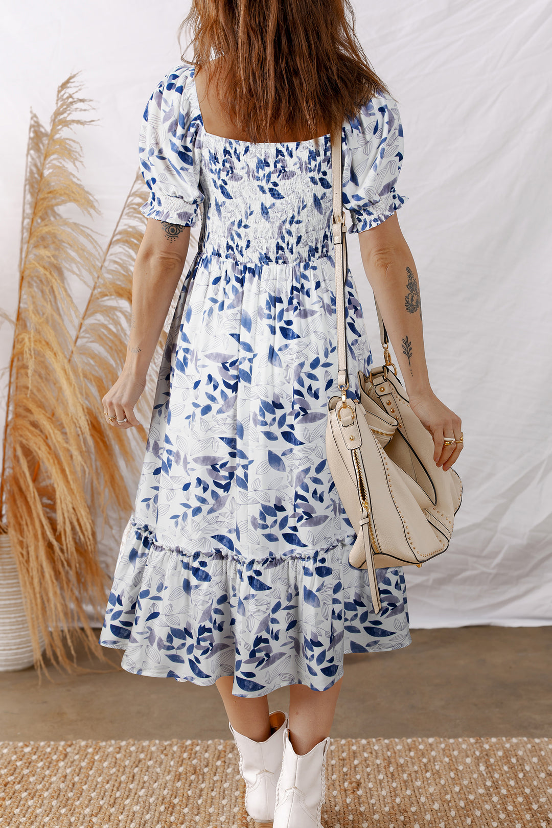 Sky Blue Smocked Bodice Short Puff Sleeve Tiered Floral Midi Dress - Lulubelles Clothing and Accessories