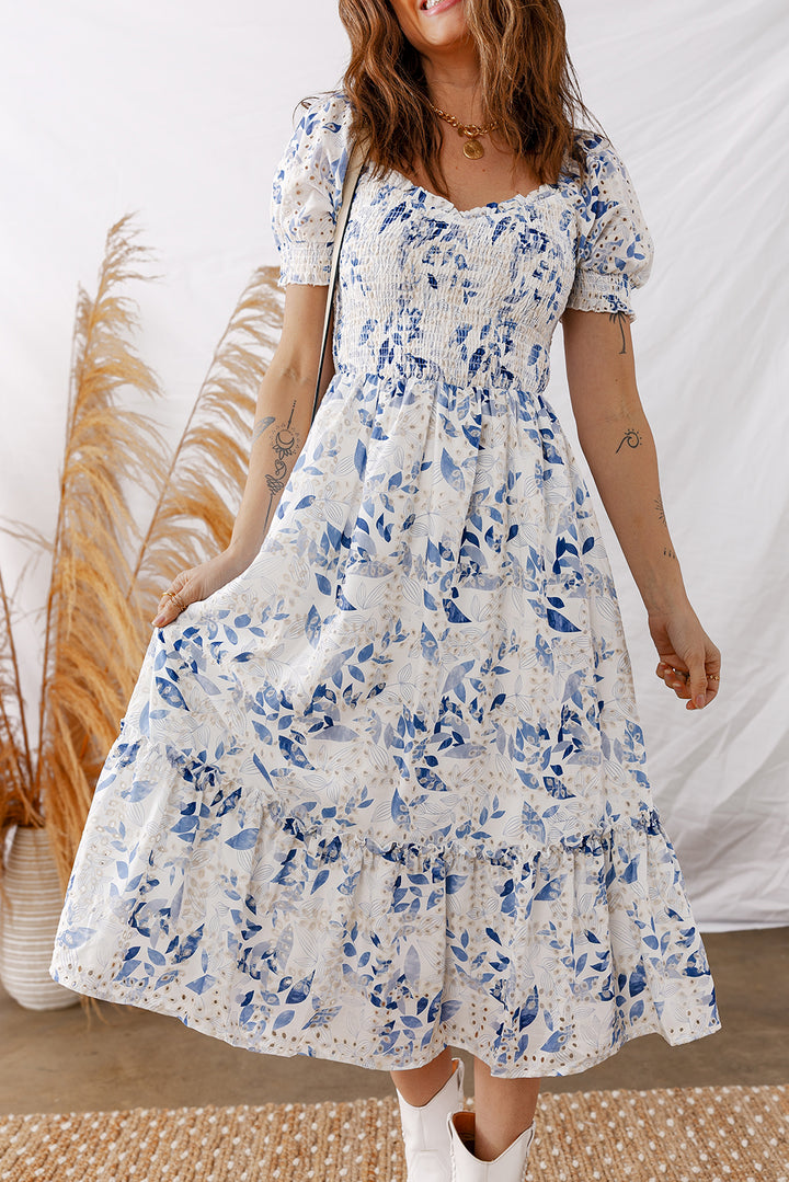 Sky Blue Smocked Bodice Short Puff Sleeve Tiered Floral Midi Dress - Lulubelles Clothing and Accessories
