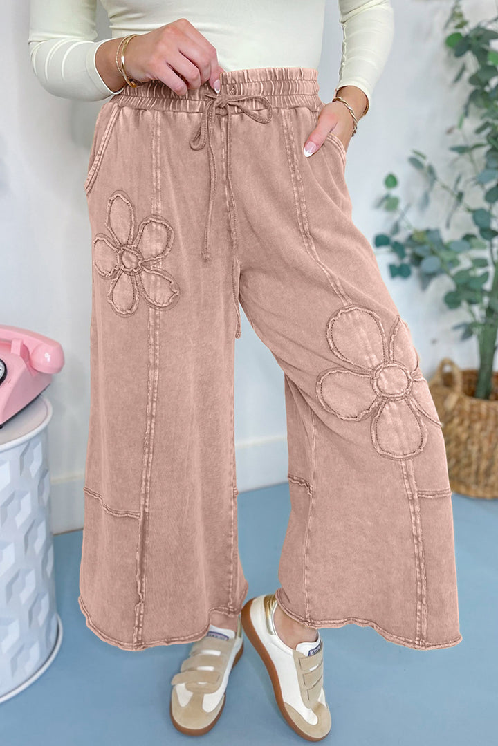 Buckskin Flower Patch Mineral Washed Terry Knit Cropped Wide Leg Pants - Lulubelles Clothing and Accessories