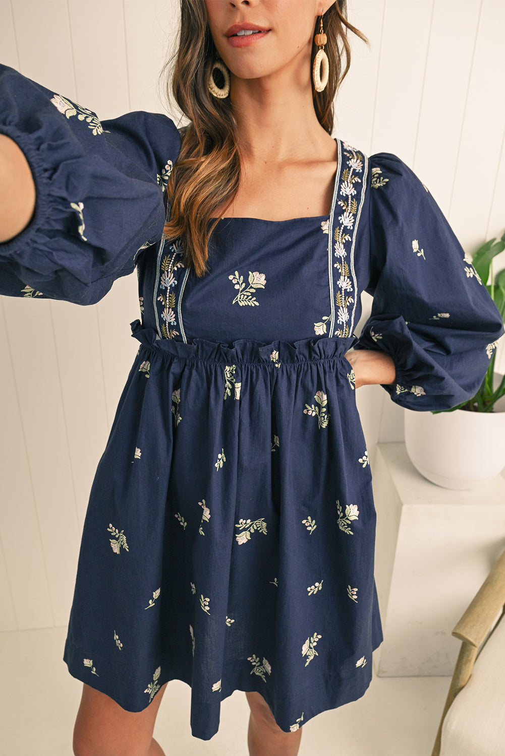 Blue Floral Print Puff Sleeve Babydoll Dress