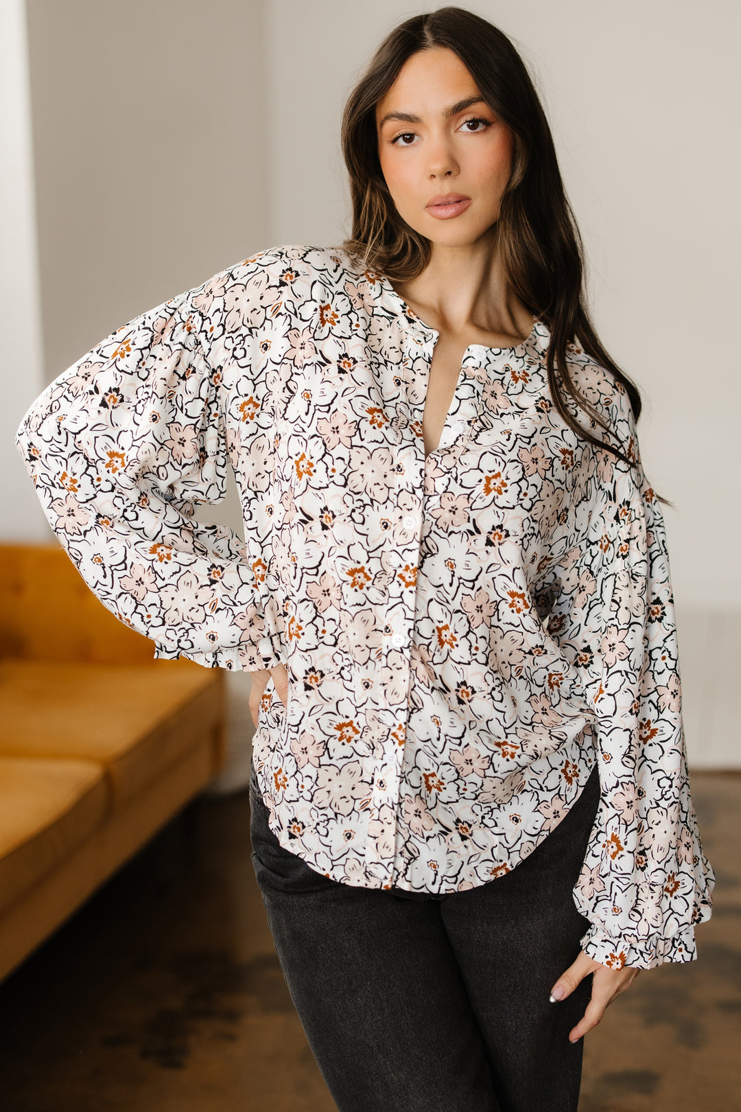 Khaki Bold Floral Print Frilled Puff Sleeve Button Down Shirt - Lulubelles Clothing and Accessories