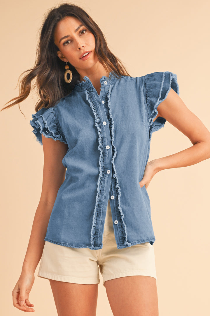 Beau Blue Button Front Ruffled Flutter Frayed Denim Top