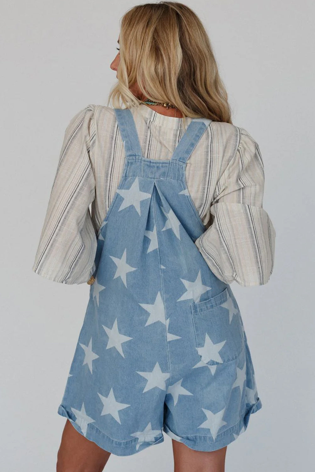 Light Blue Star Printed Buttoned Straps Pocketed Denim Romper