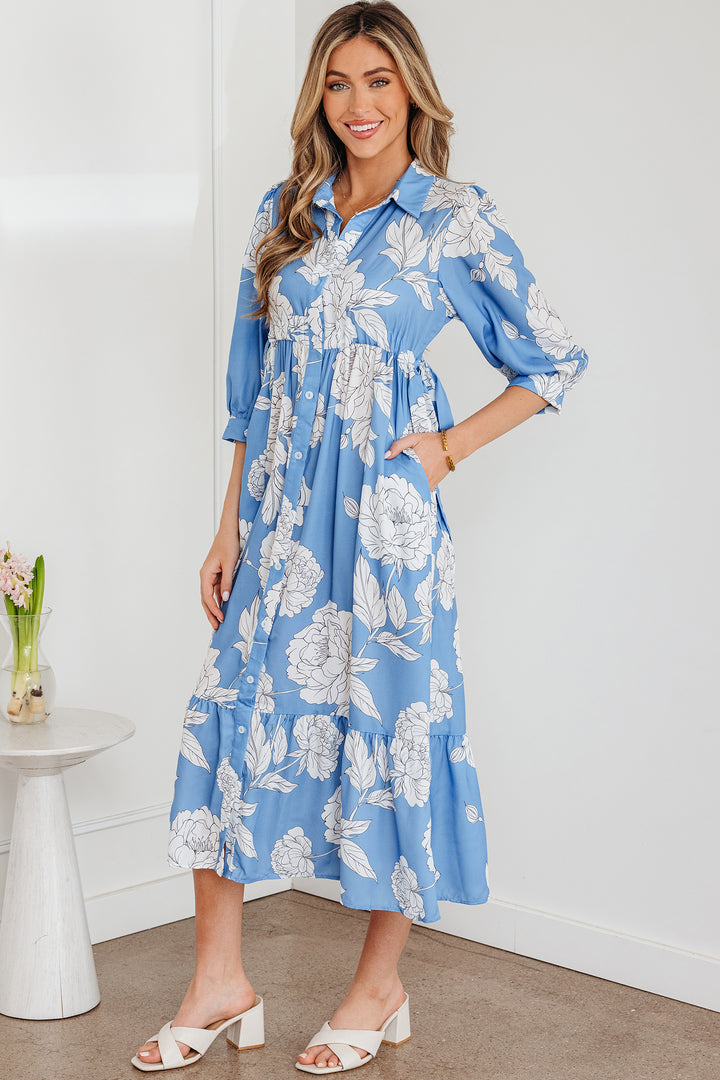 Sky Blue Floral Print Shirt Collar Button Down 3/4 Sleeve Ruffle Hem Long Dress - Lulubelles Clothing and Accessories