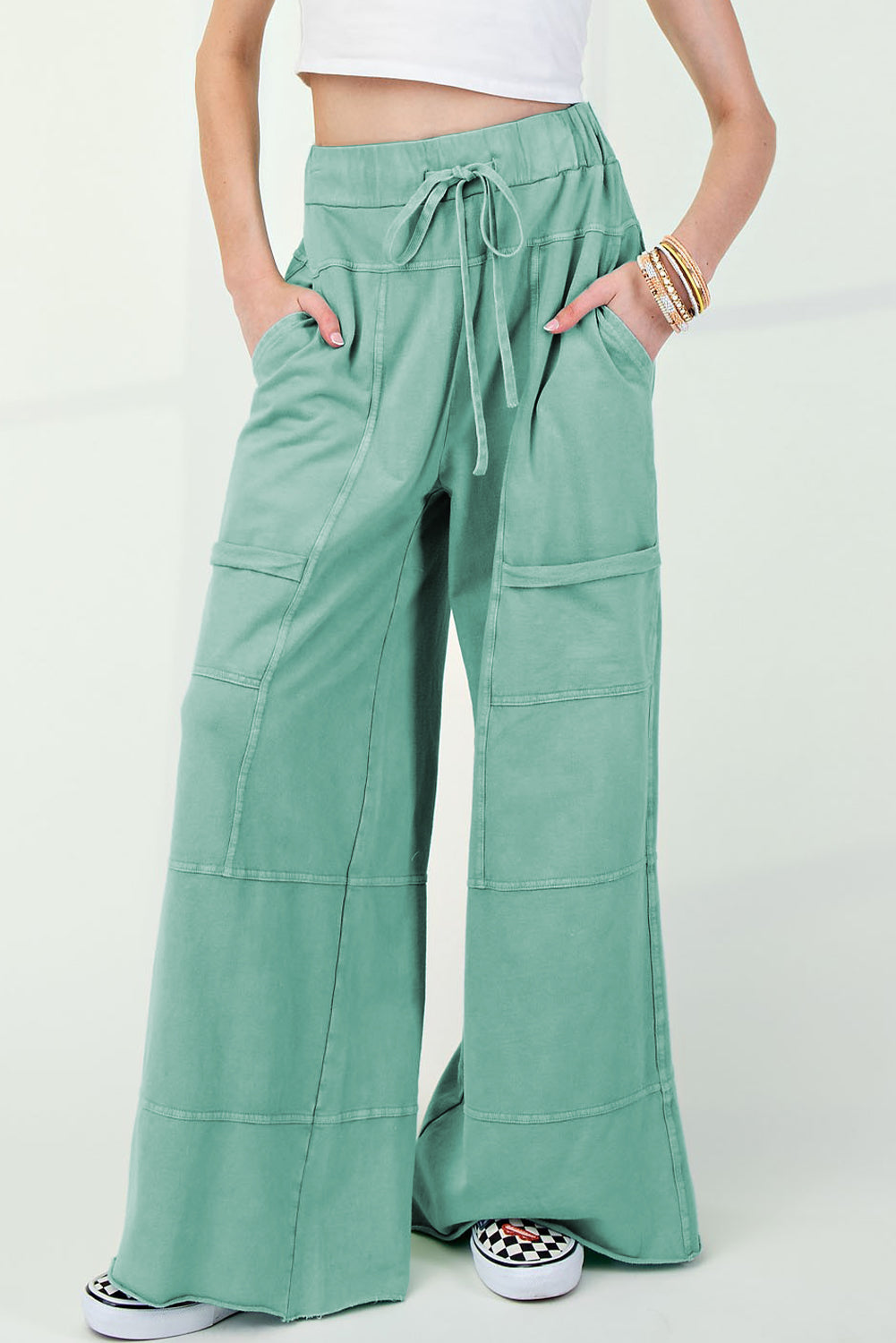 Mint Green Mineral Wash Exposed Seam Wide Leg Cargo Pants - Lulubelles Clothing and Accessories