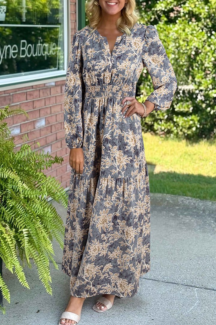 Sky Blue Floral Print Smocked High Waist Long Sleeve Maxi Dress