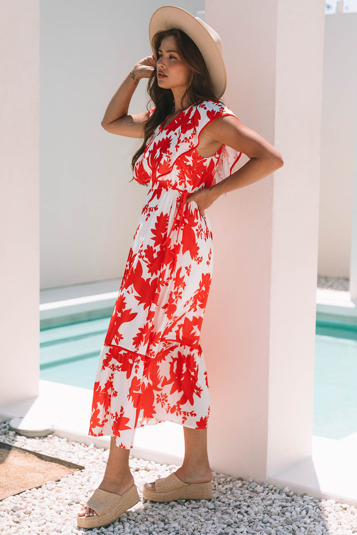 Red Floral Print Trimmed V Neck Ruffle Sleeve Long Dress - Lulubelles Clothing and Accessories