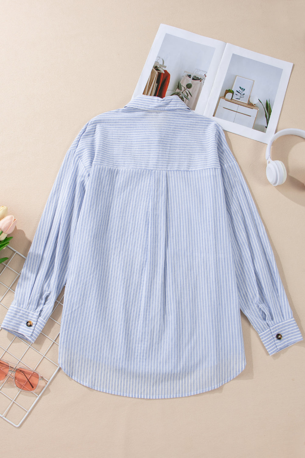 Sky Blue Striped Pleated Long Sleeve Peplum Shirt