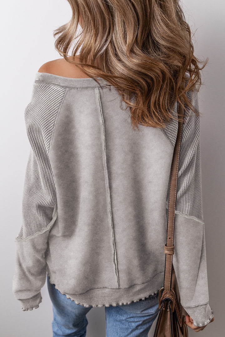 Light Grey Solid Waffle Knit Patchwork Raglan Sleeve Sweatshirt