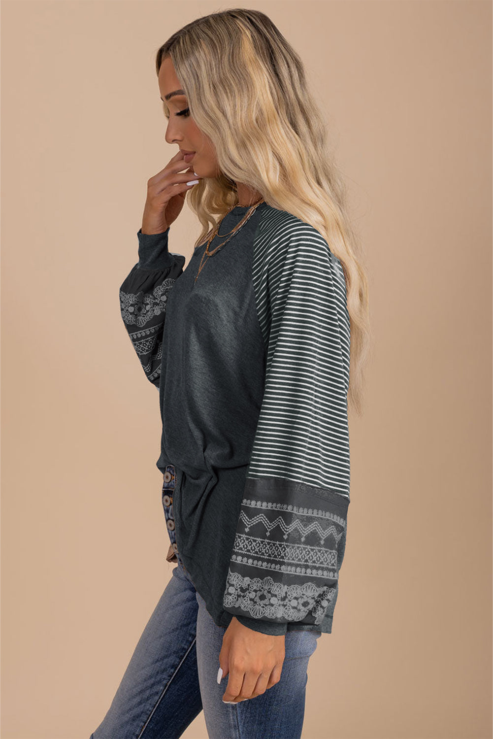 Navy Blue Contrast Print Striped Raglan Long Sleeve Loose Top