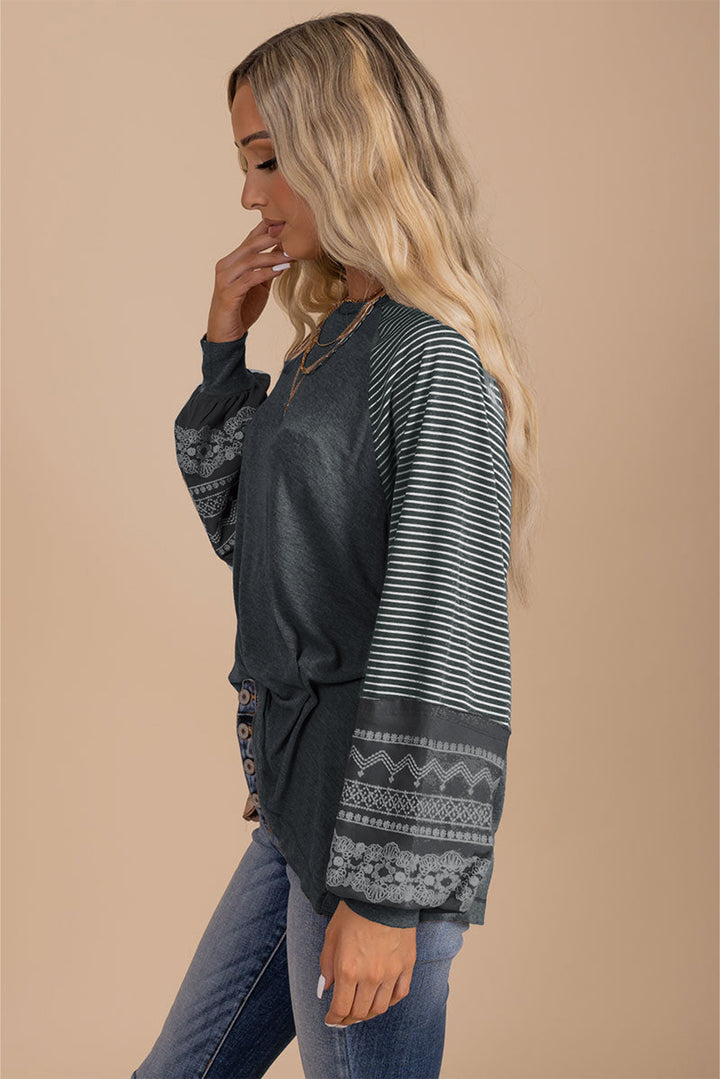 Navy Blue Contrast Print Striped Raglan Long Sleeve Loose Top