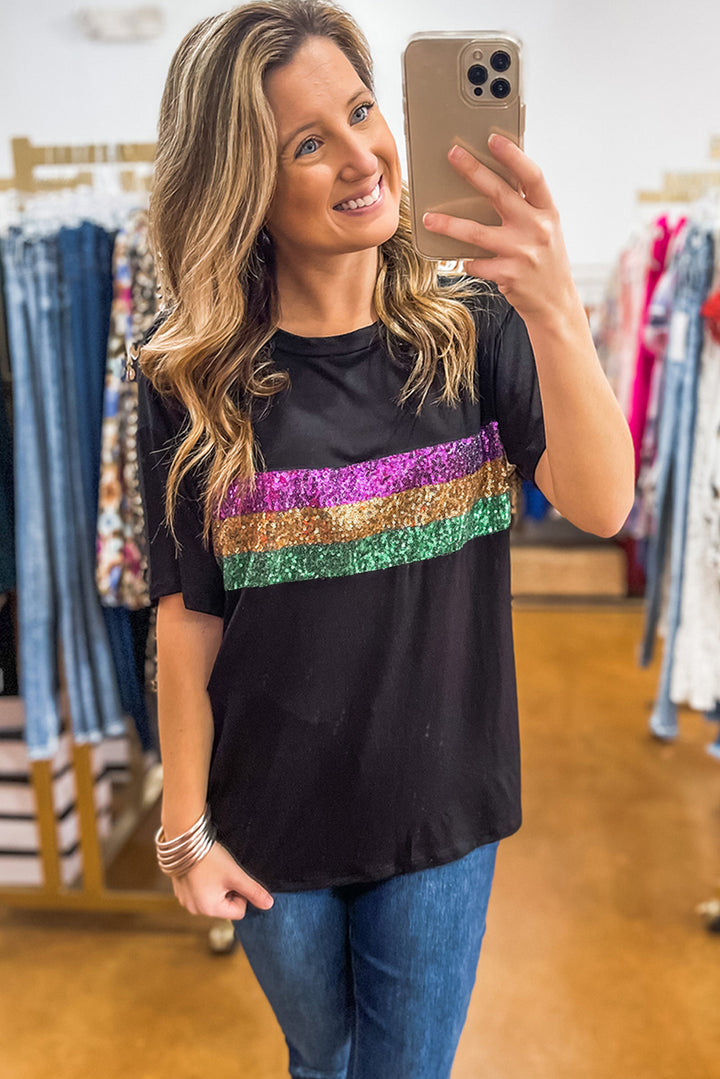 Black Colorblock Sequin Mardi Gras Crewneck T Shirt