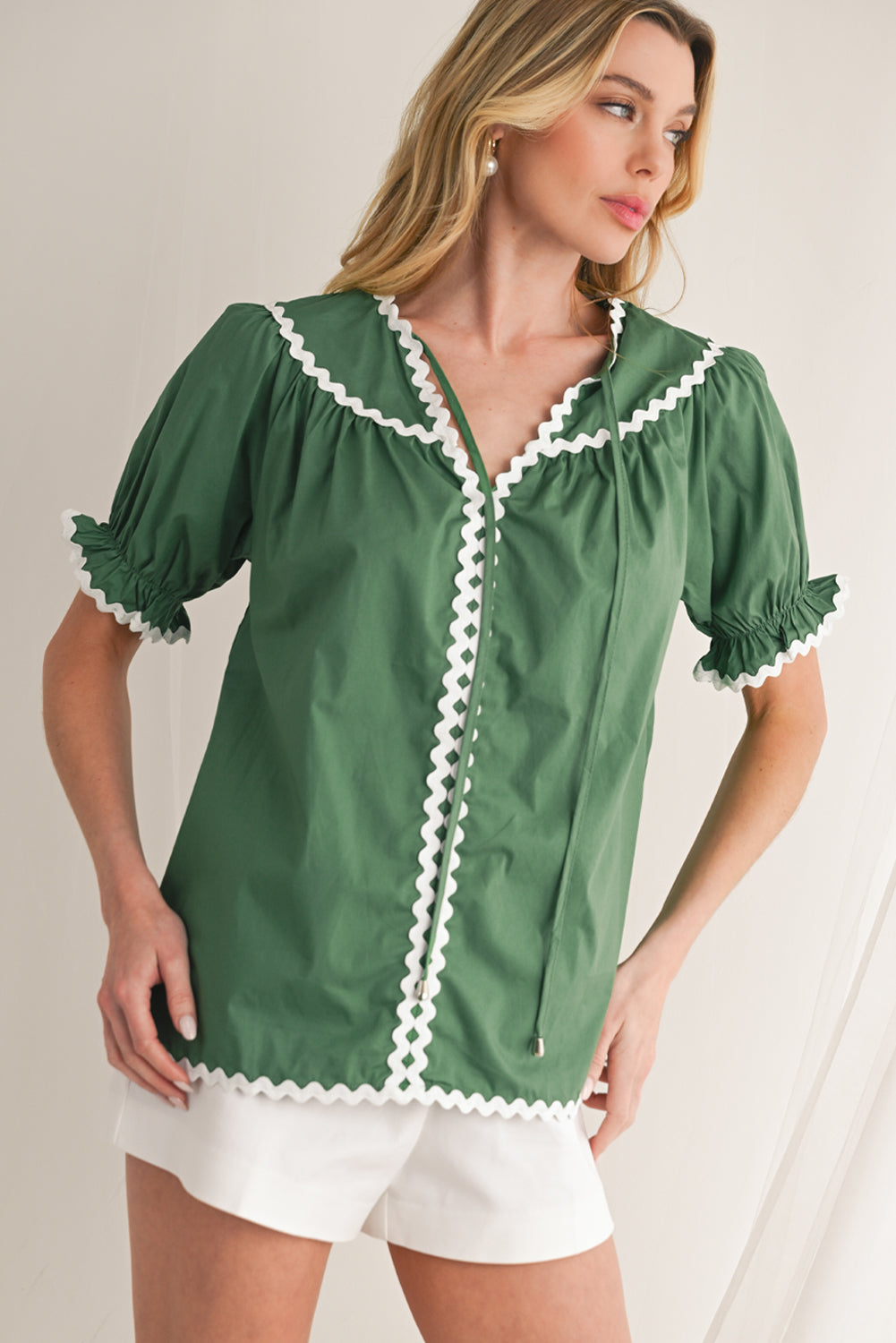 Mist Green V Neck Tie Detail Ricrac Blouse