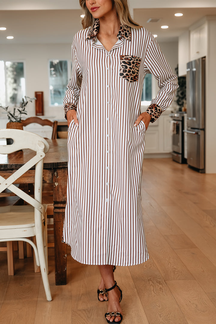 Brown Stripe Contrast Leopard Patchwork Long Shirt Dress with Slits - Lulubelles Clothing and Accessories