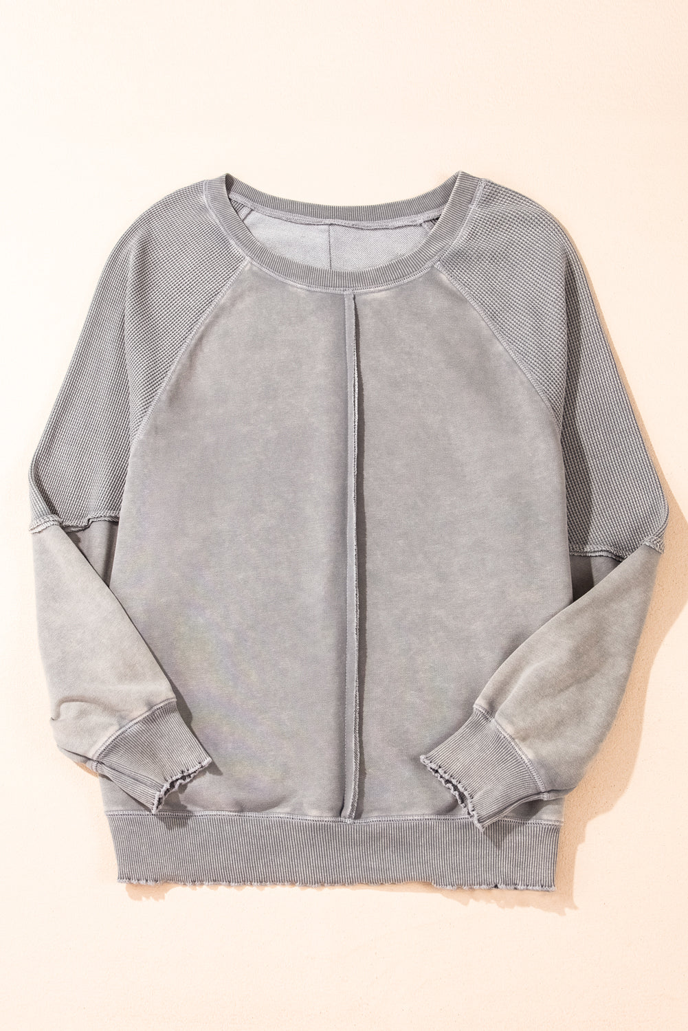 Light Grey Solid Waffle Knit Patchwork Raglan Sleeve Sweatshirt