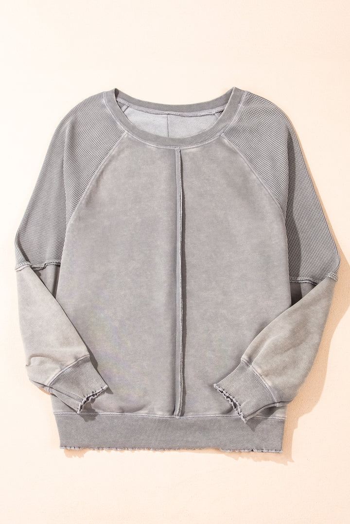 Light Grey Solid Waffle Knit Patchwork Raglan Sleeve Sweatshirt