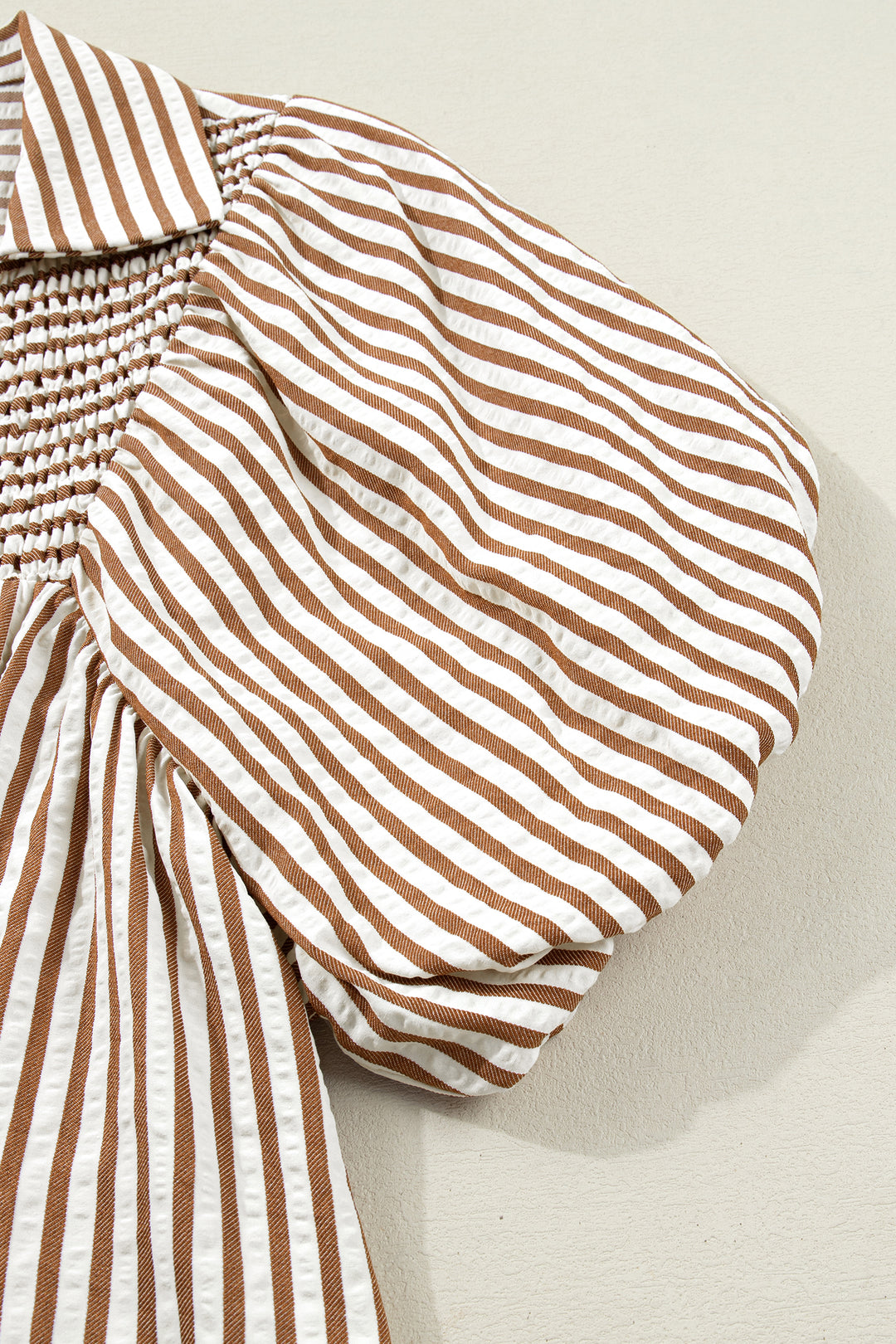 Brown Stripe Shirred V Neck Short Puff Sleeve Blouse - Lulubelles Clothing and Accessories