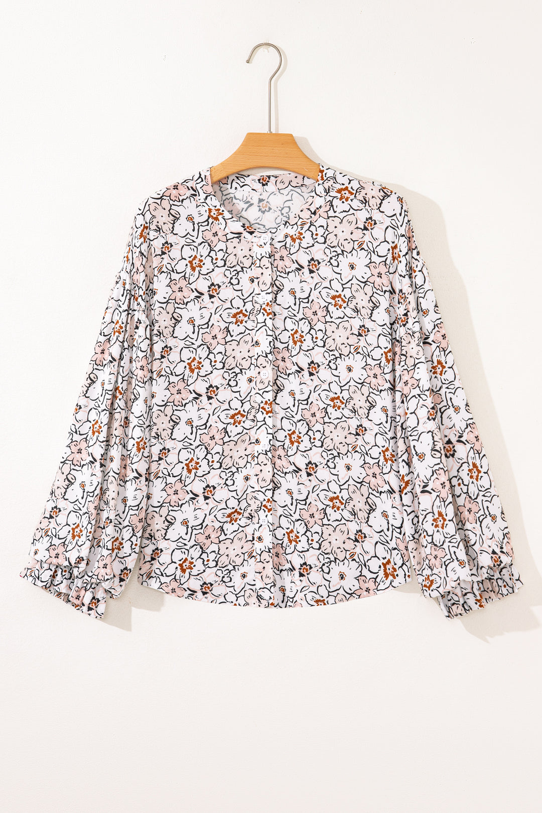 Khaki Bold Floral Print Frilled Puff Sleeve Button Down Shirt - Lulubelles Clothing and Accessories