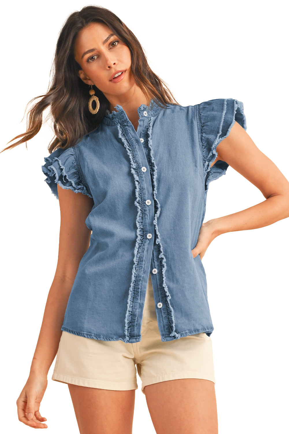 Beau Blue Button Front Ruffled Flutter Frayed Denim Top