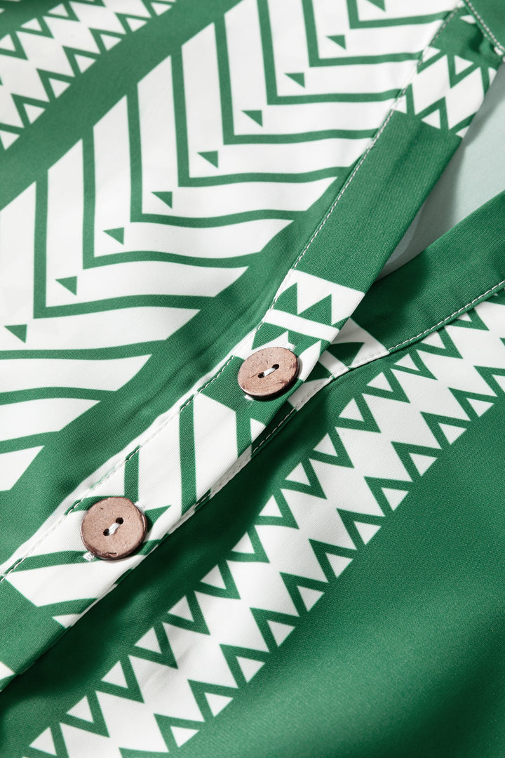 Green Boho Ethnic Print Half Button 3/4 Sleeve Casual Dress - Lulubelles Clothing and Accessories
