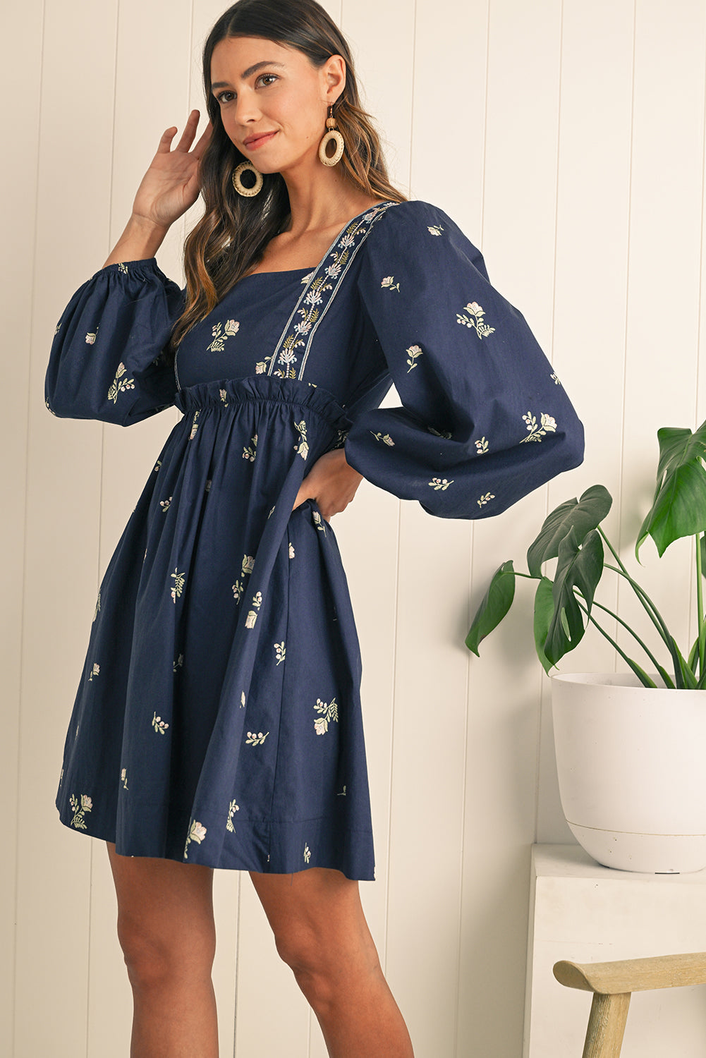 Blue Floral Print Puff Sleeve Babydoll Dress