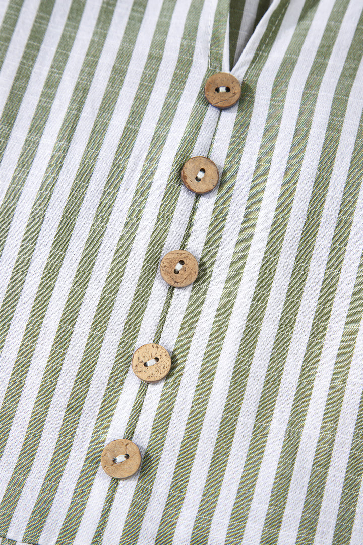 Green Stripe Tasseled Tie Neck Ruffled Short Sleeve Tiered Flattering Dress - Lulubelles Clothing and Accessories