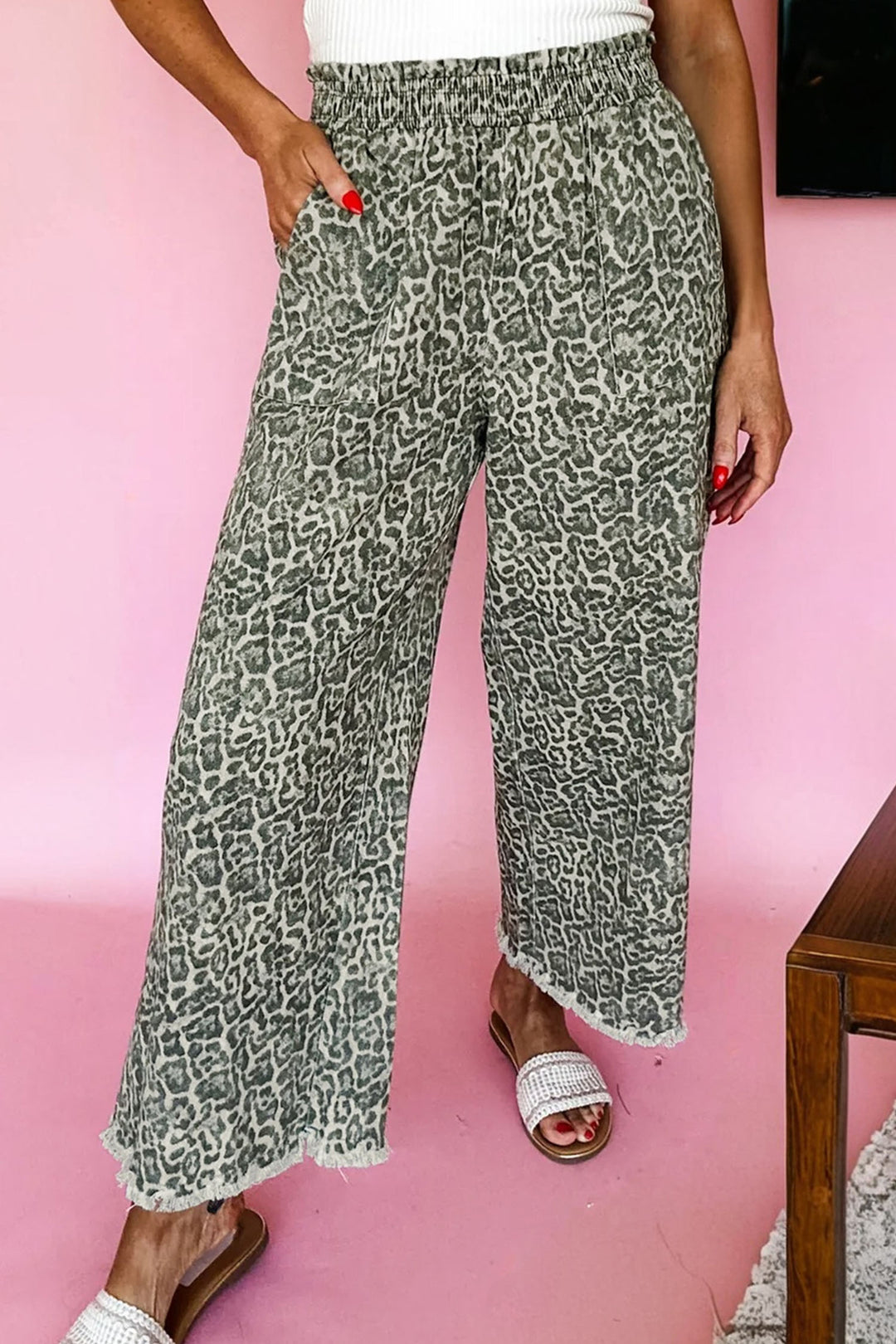 Brown Leopard Print Raw Hem Elastic Waist Loose Pull On Jeans - Lulubelles Clothing and Accessories