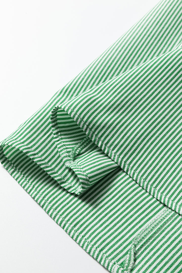 Mint Green Striped Print Collared Split Neck Half Sleeve Blouse - Lulubelles Clothing and Accessories