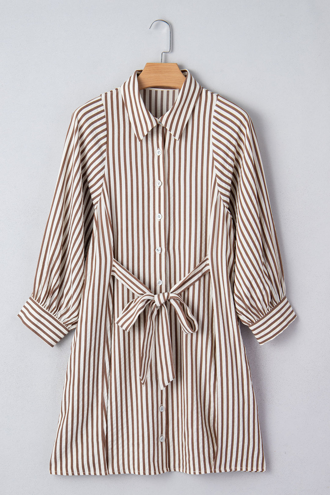 Brown Stripe Knot Waist Puff Sleeve Button Down Mini Shirt Dress - Lulubelles Clothing and Accessories