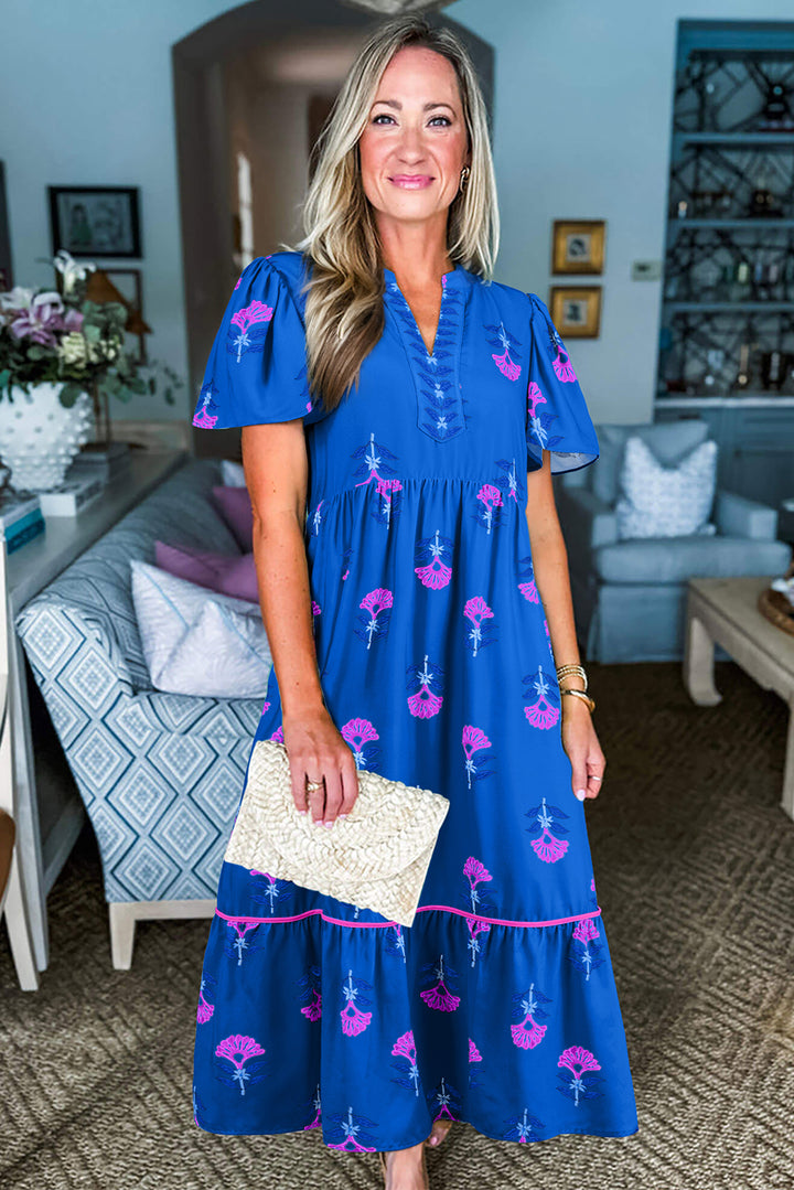 Green Floral Print Notched Neck Flounce Sleeve Midi Dress