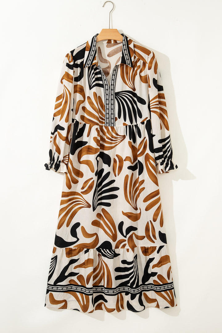 White Plus Size Abstract Print Contrast Collar Split Neck Shift Long Dress - Lulubelles Clothing and Accessories